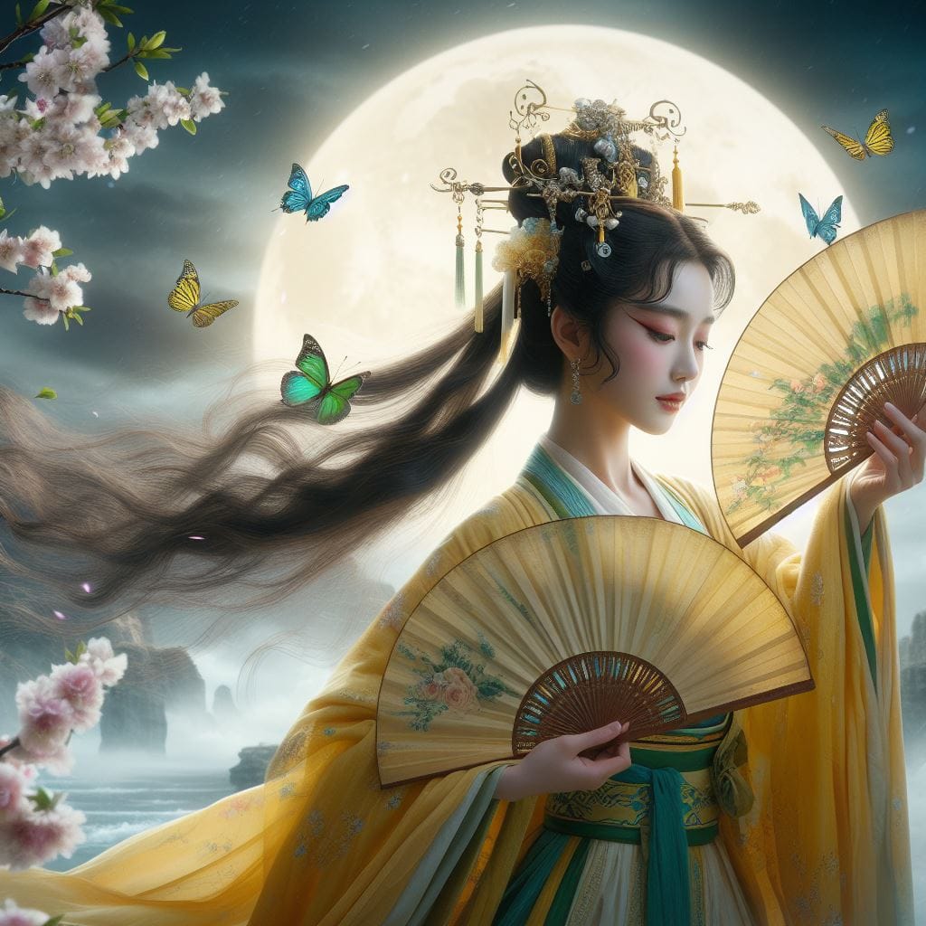 一位美麗的少女穿著傳統服飾在月下翩翩起舞