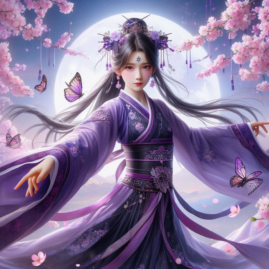 一位美麗的少女穿著傳統服飾在月下翩翩起舞