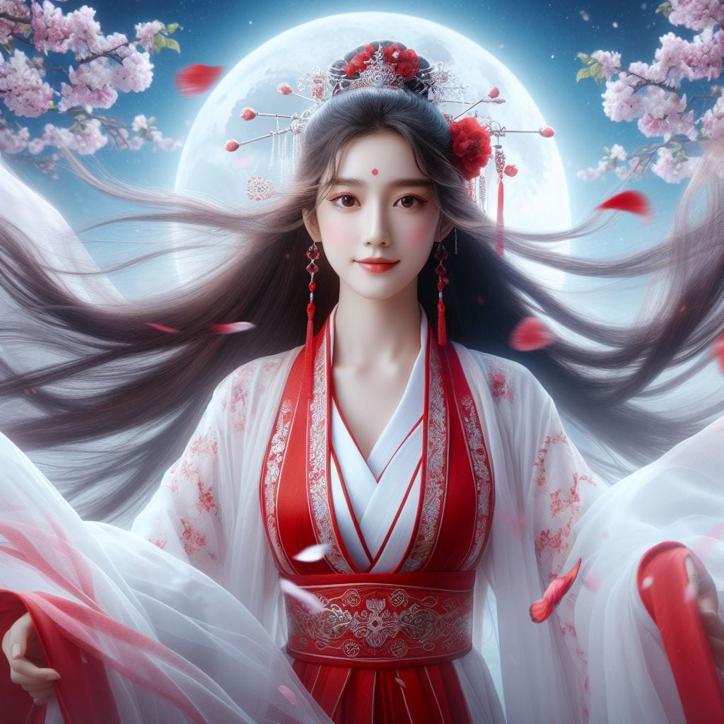 一位美麗的少女穿著傳統服飾在月下翩翩起舞