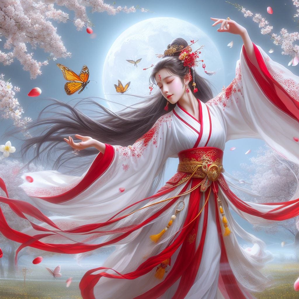 一位美麗的少女穿著傳統服飾在月下翩翩起舞