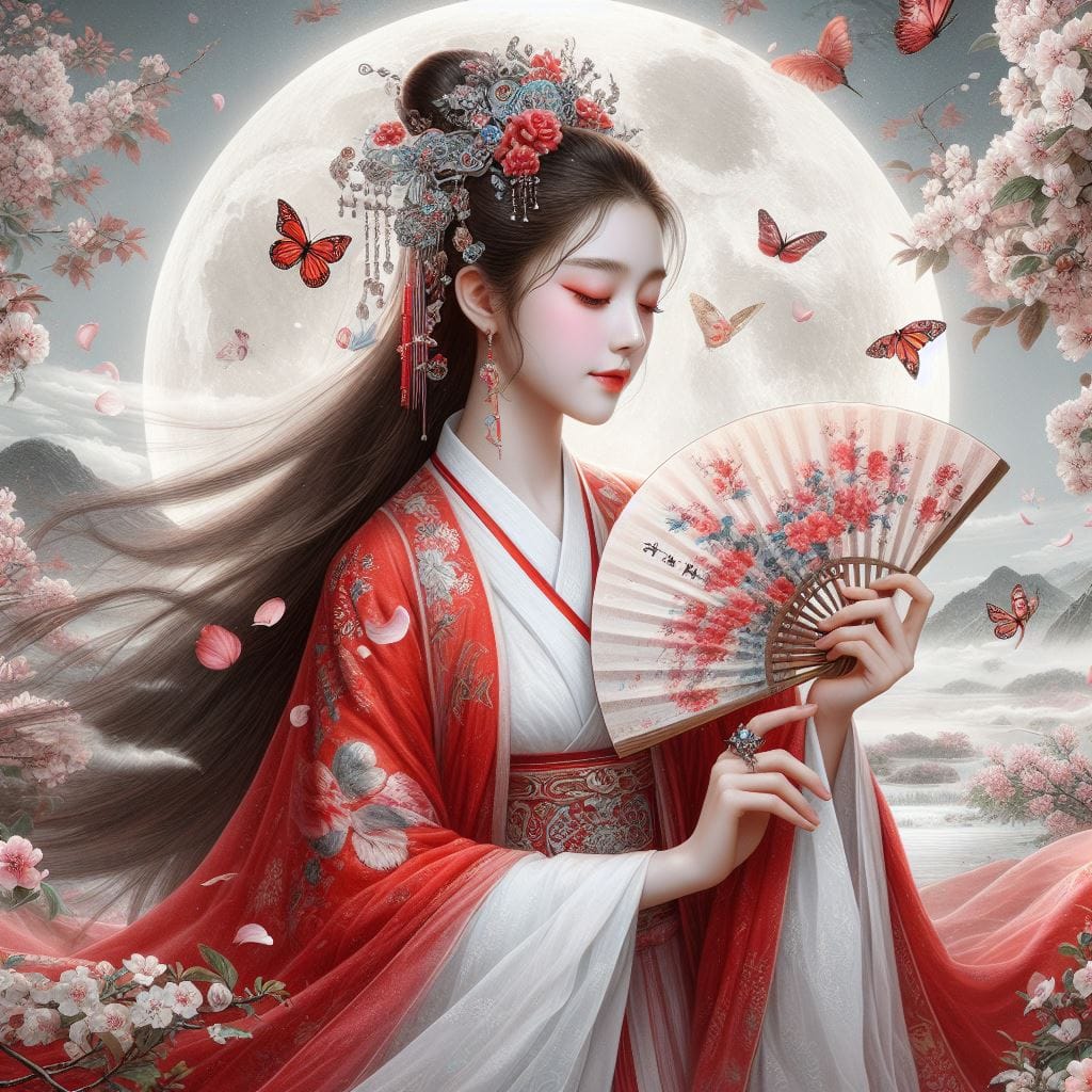一位美麗的少女穿著傳統服飾在月下翩翩起舞