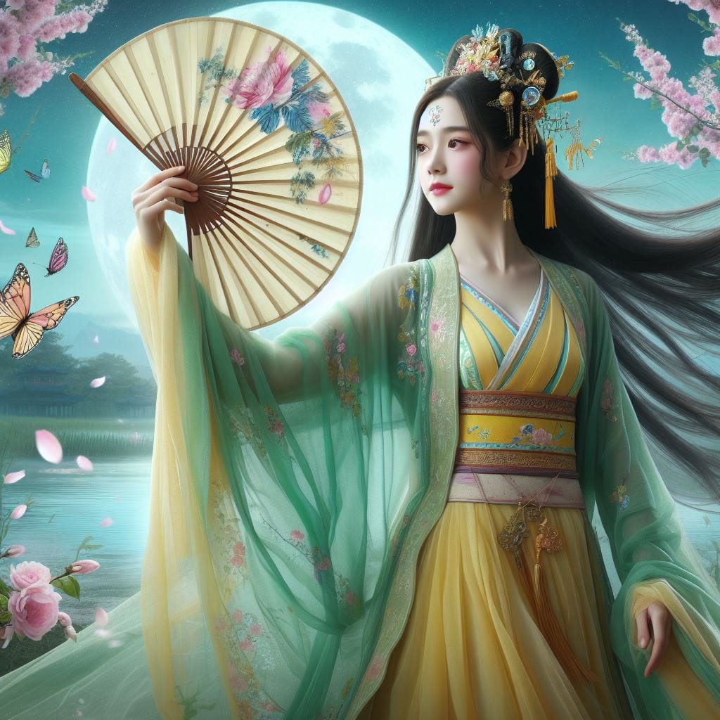 一位美麗的少女穿著傳統服飾在月下翩翩起舞