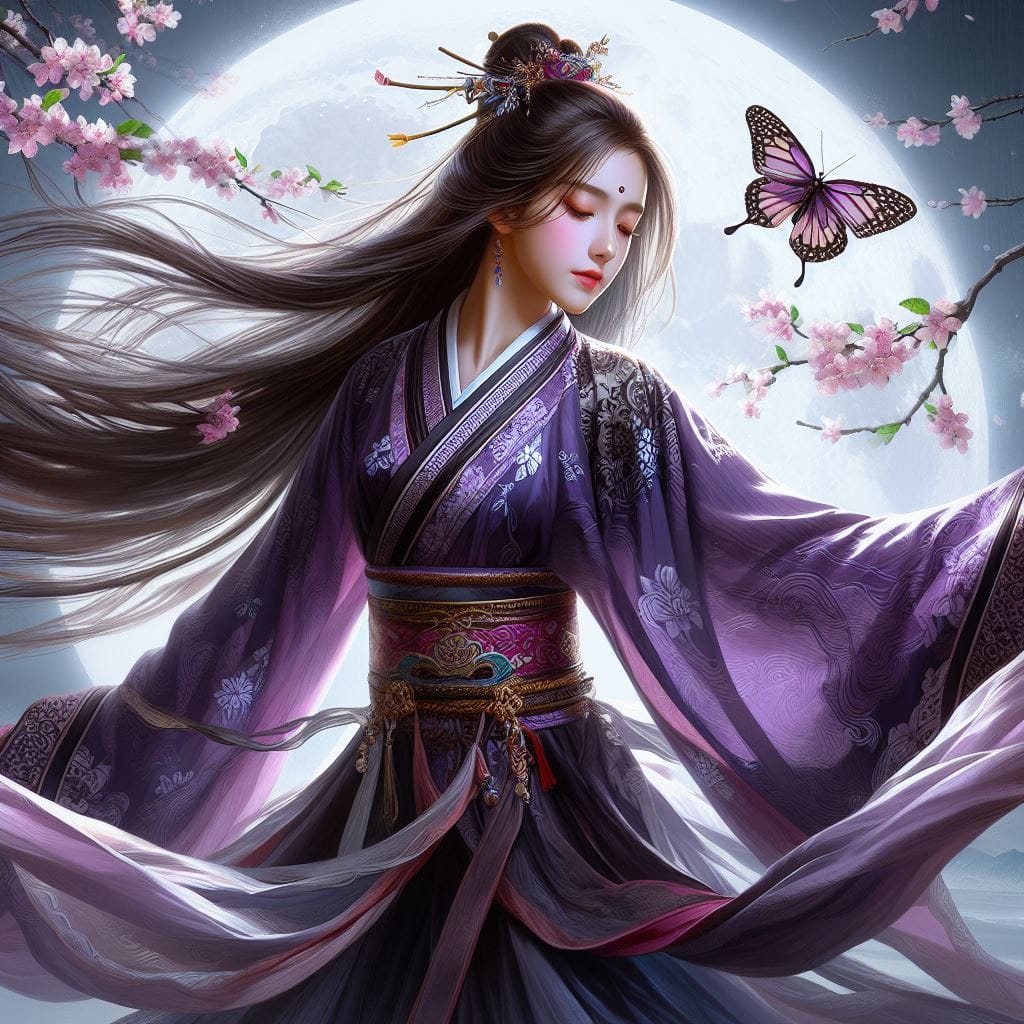 一位美麗的少女穿著傳統服飾在月下翩翩起舞
