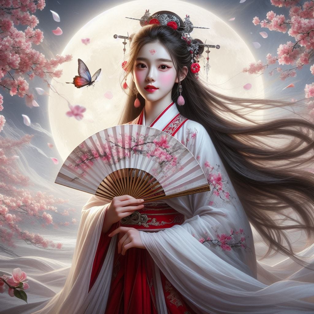 一位美麗的少女穿著傳統服飾在月下翩翩起舞