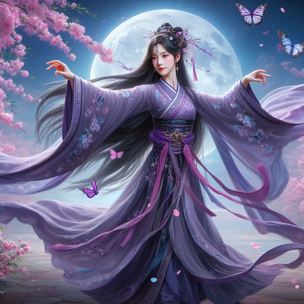 一位美麗的少女穿著傳統服飾在月下翩翩起舞