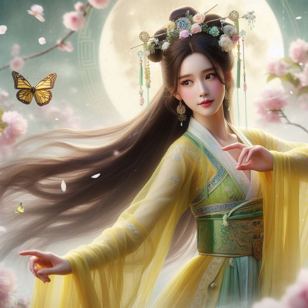 一位美麗的少女穿著傳統服飾在月下翩翩起舞