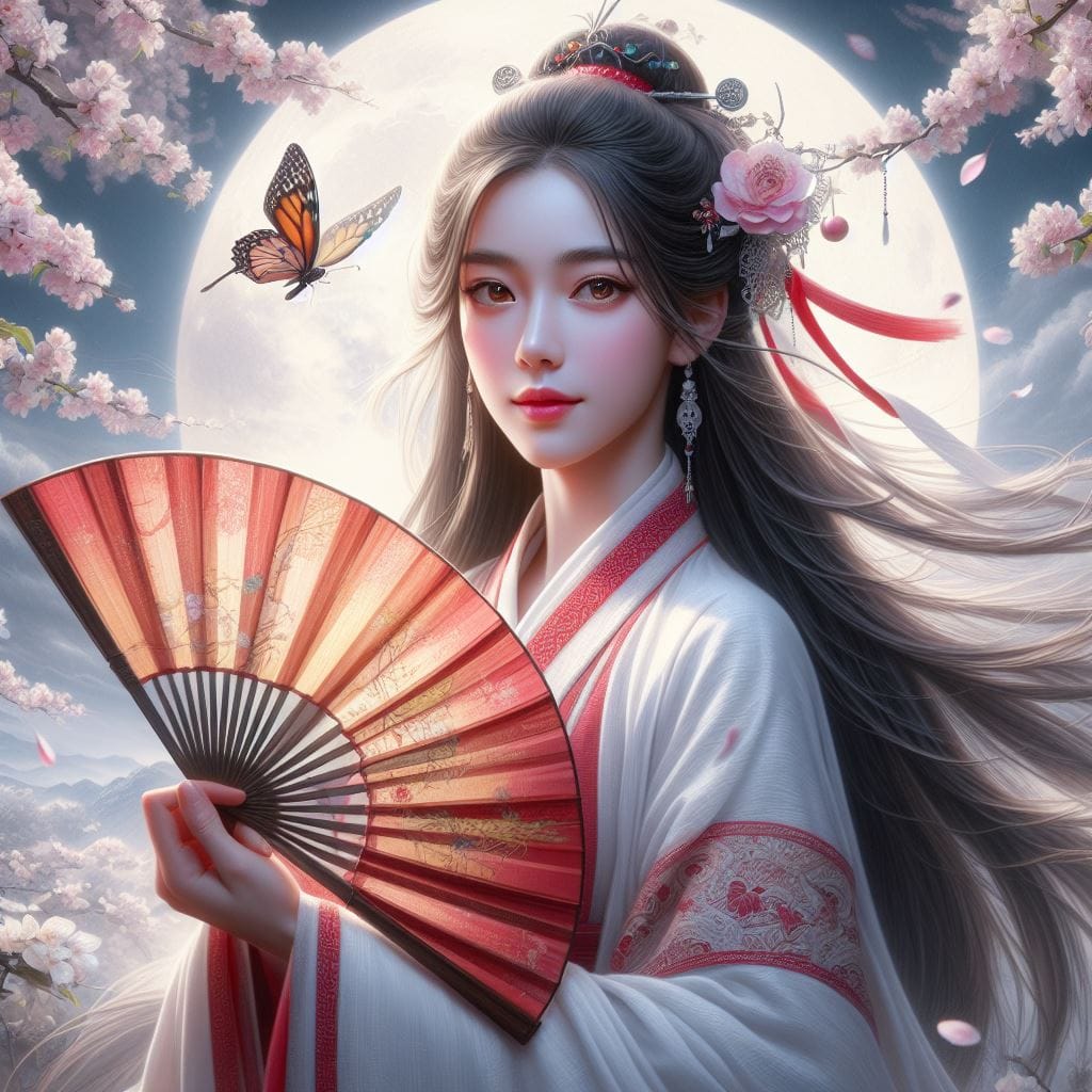 一位美麗的少女穿著傳統服飾在月下翩翩起舞