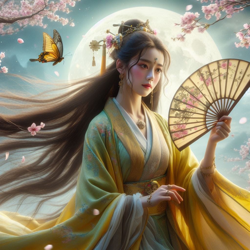 一位美麗的少女穿著傳統服飾在月下翩翩起舞