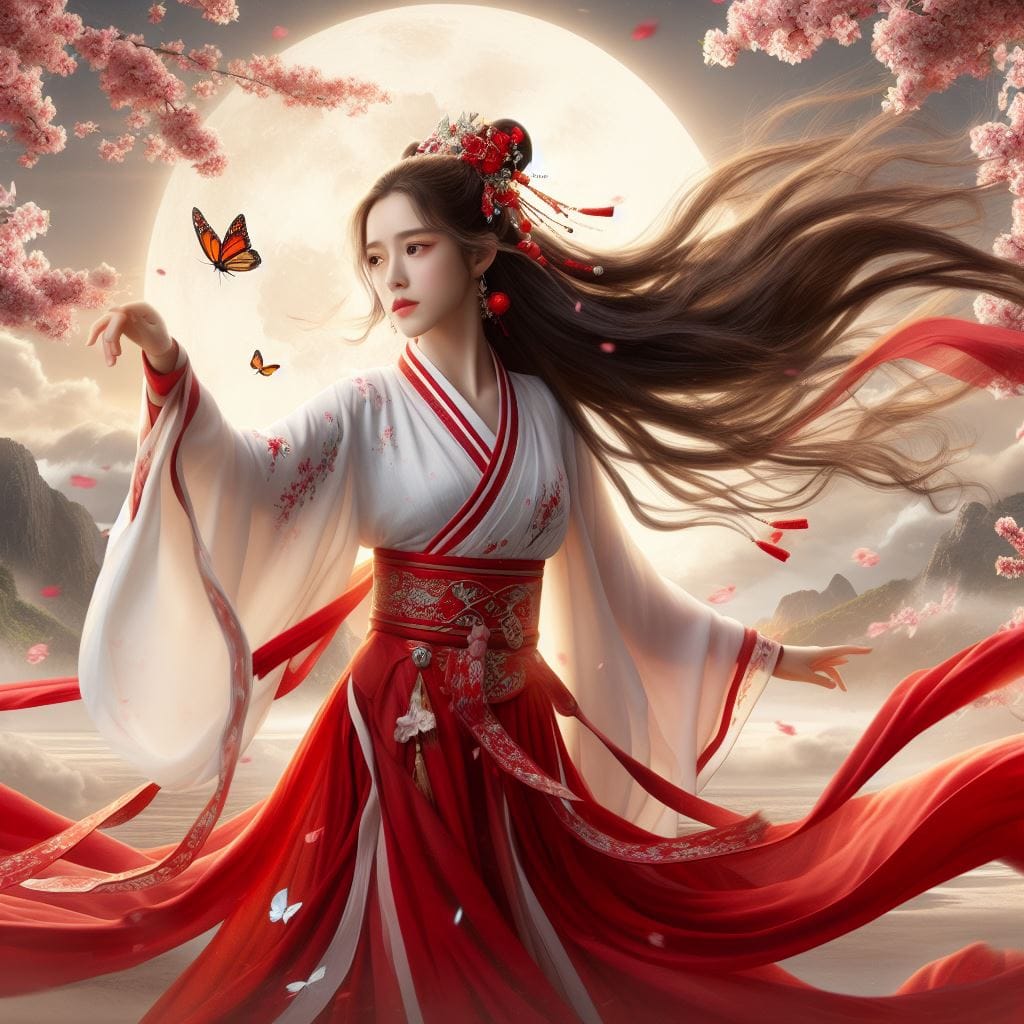 一位美麗的少女穿著傳統服飾在月下翩翩起舞