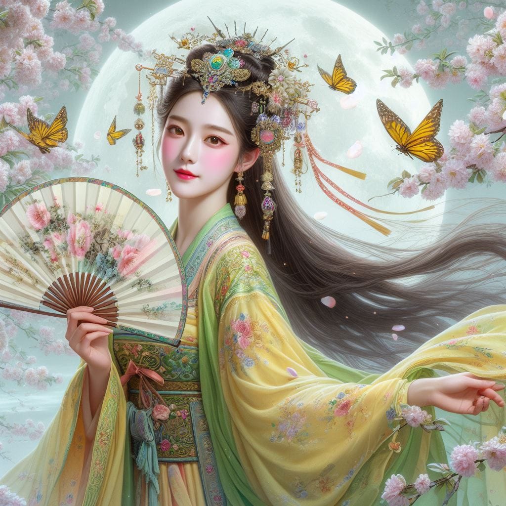 一位美麗的少女穿著傳統服飾在月下翩翩起舞