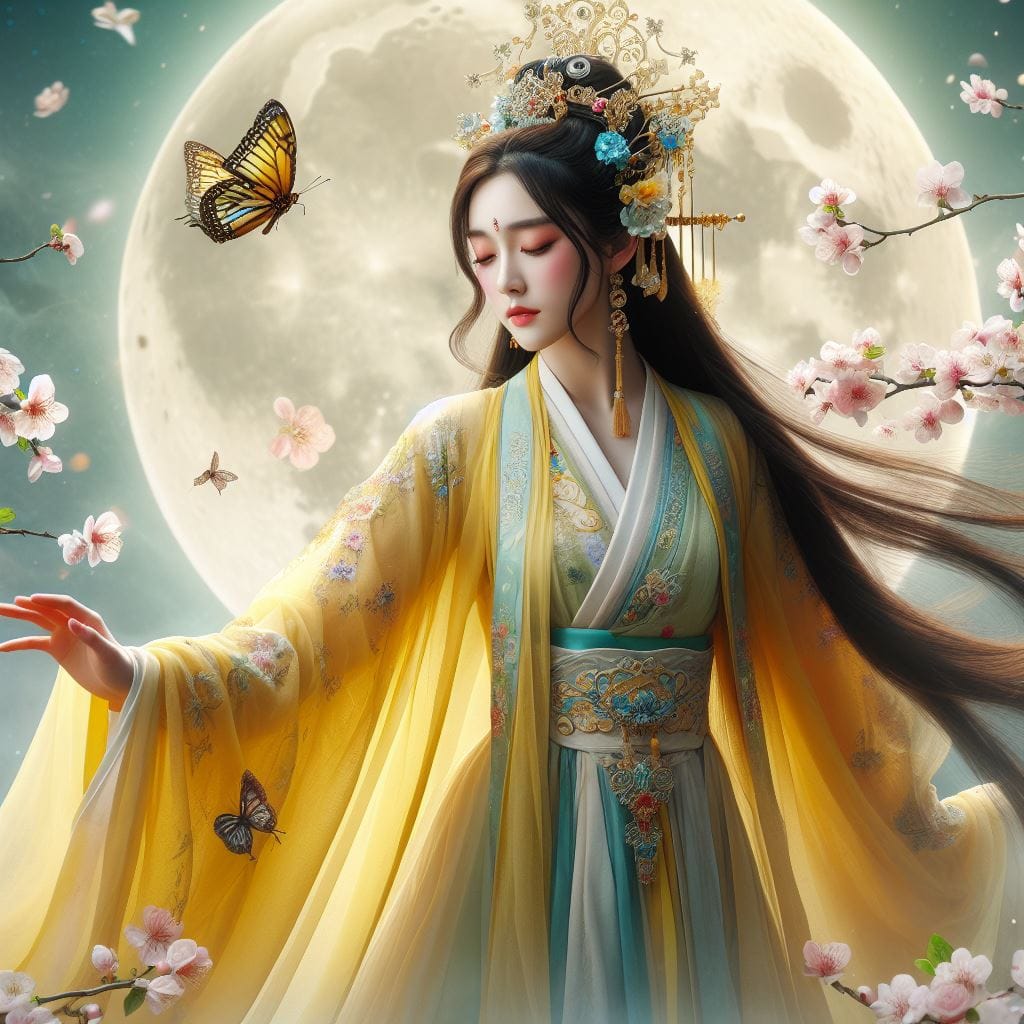 一位美麗的少女穿著傳統服飾在月下翩翩起舞