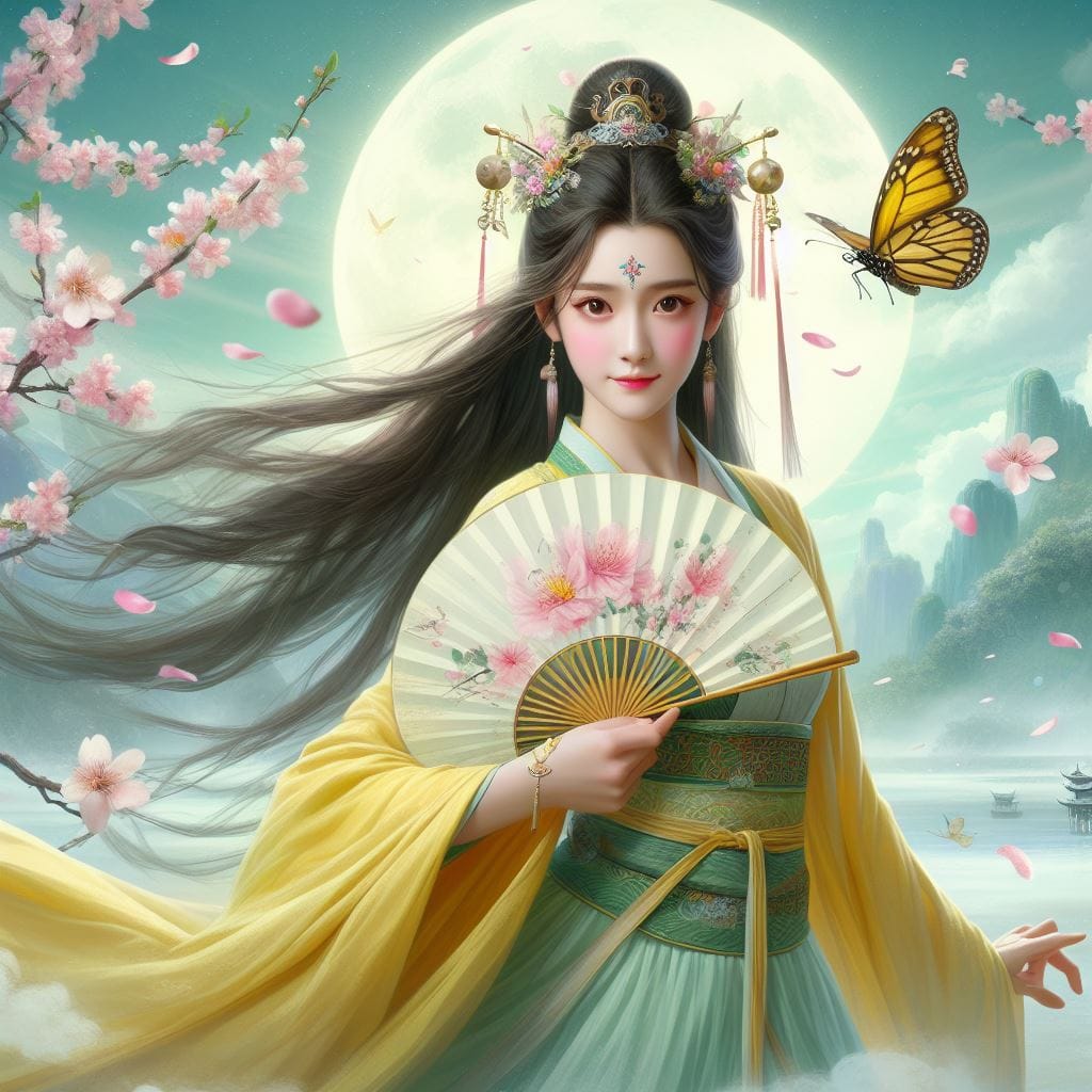 一位美麗的少女穿著傳統服飾在月下翩翩起舞