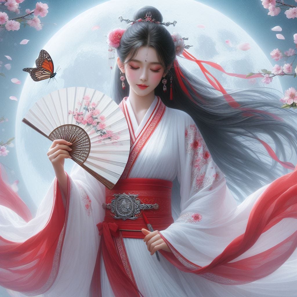 一位美麗的少女穿著傳統服飾在月下翩翩起舞