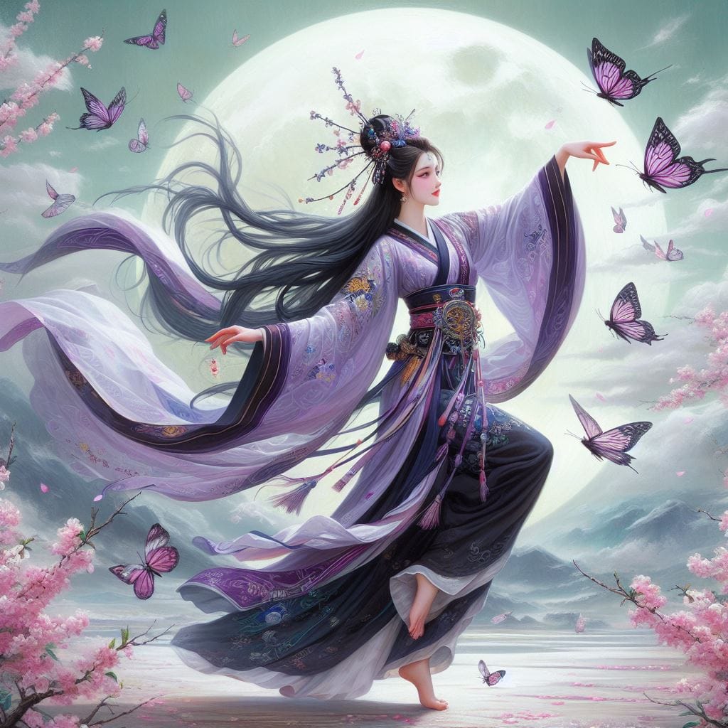 一位美麗的少女穿著傳統服飾在月下翩翩起舞