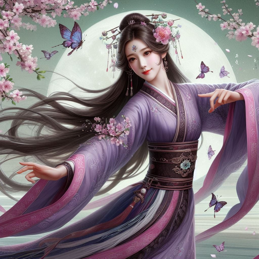 一位美麗的少女穿著傳統服飾在月下翩翩起舞