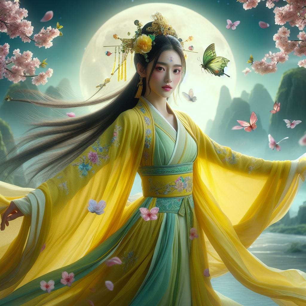 一位美麗的少女穿著傳統服飾在月下翩翩起舞