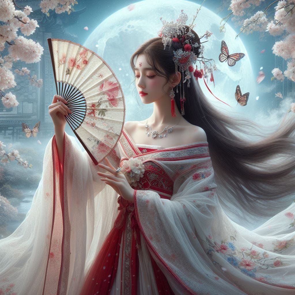 一位美麗的少女穿著傳統服飾在月下翩翩起舞
