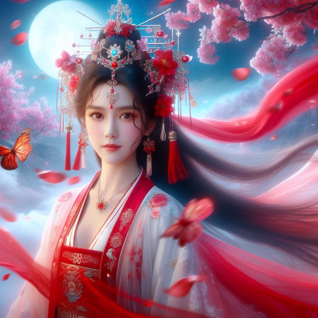 一位美麗的少女穿著傳統服飾在月下翩翩起舞