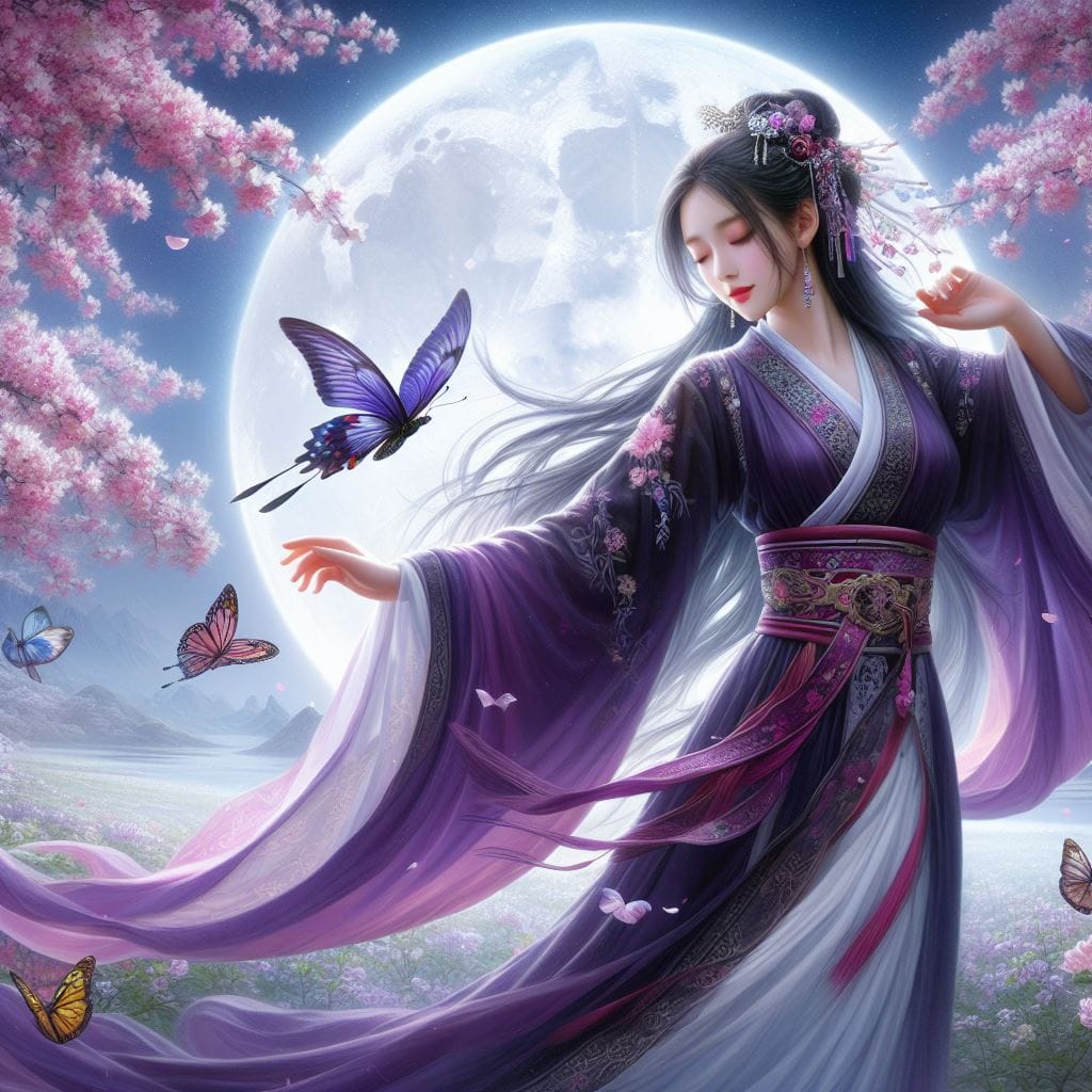 一位美麗的少女穿著傳統服飾在月下翩翩起舞