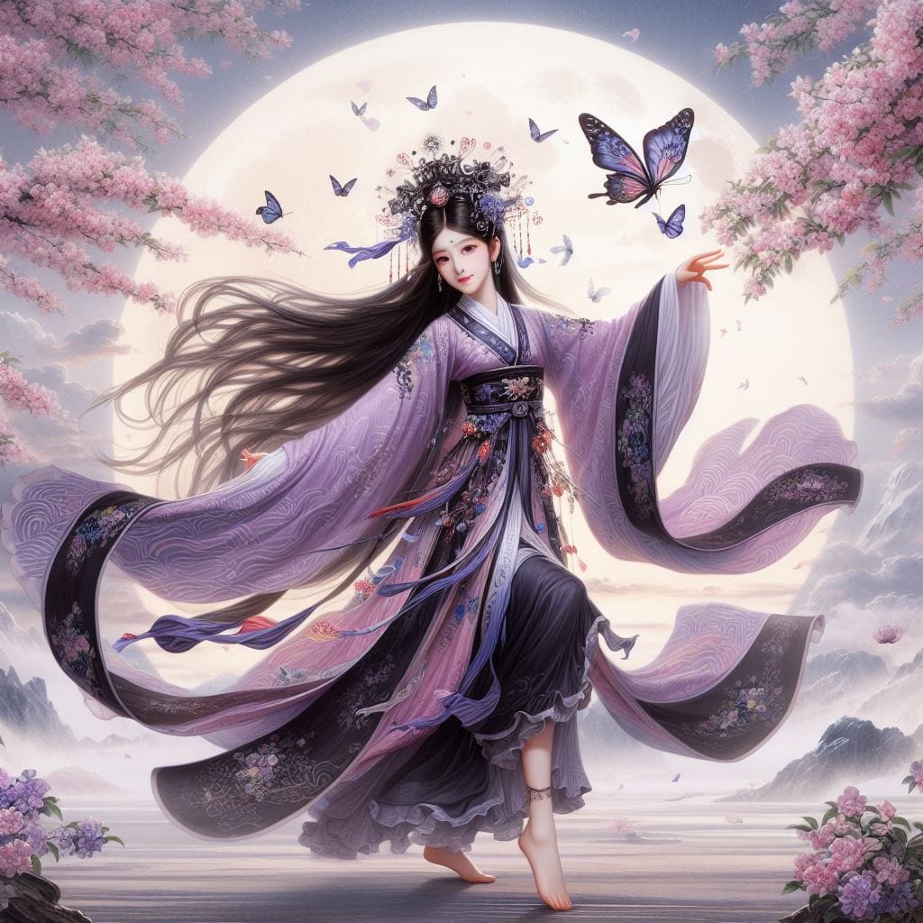 一位美麗的少女穿著傳統服飾在月下翩翩起舞