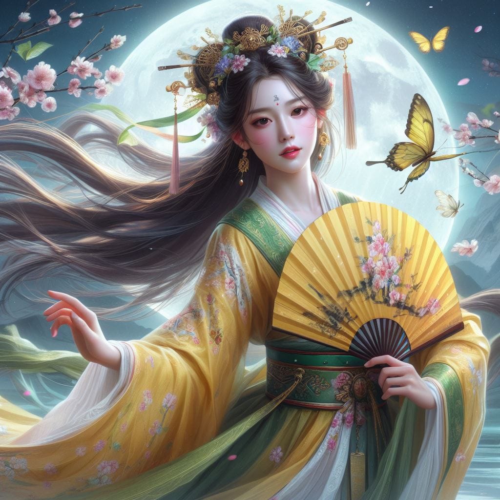 一位美麗的少女穿著傳統服飾在月下翩翩起舞