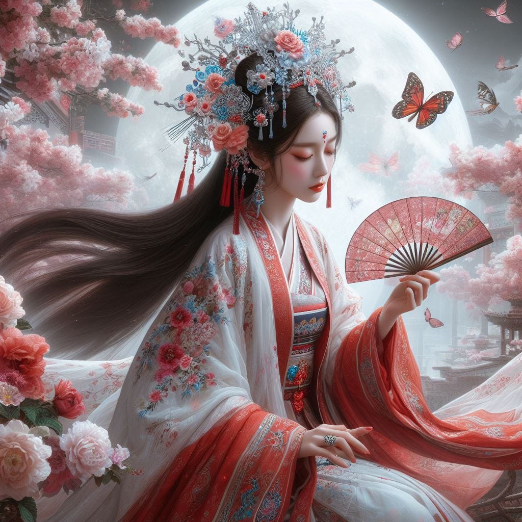 一位美麗的少女穿著傳統服飾在月下翩翩起舞