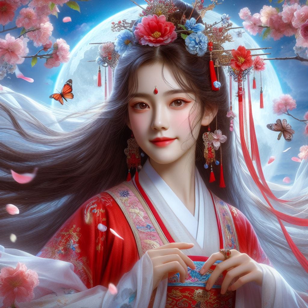 一位美麗的少女穿著傳統服飾在月下翩翩起舞