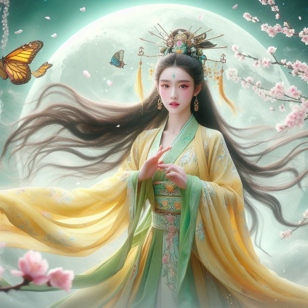 一位美麗的少女穿著傳統服飾在月下翩翩起舞