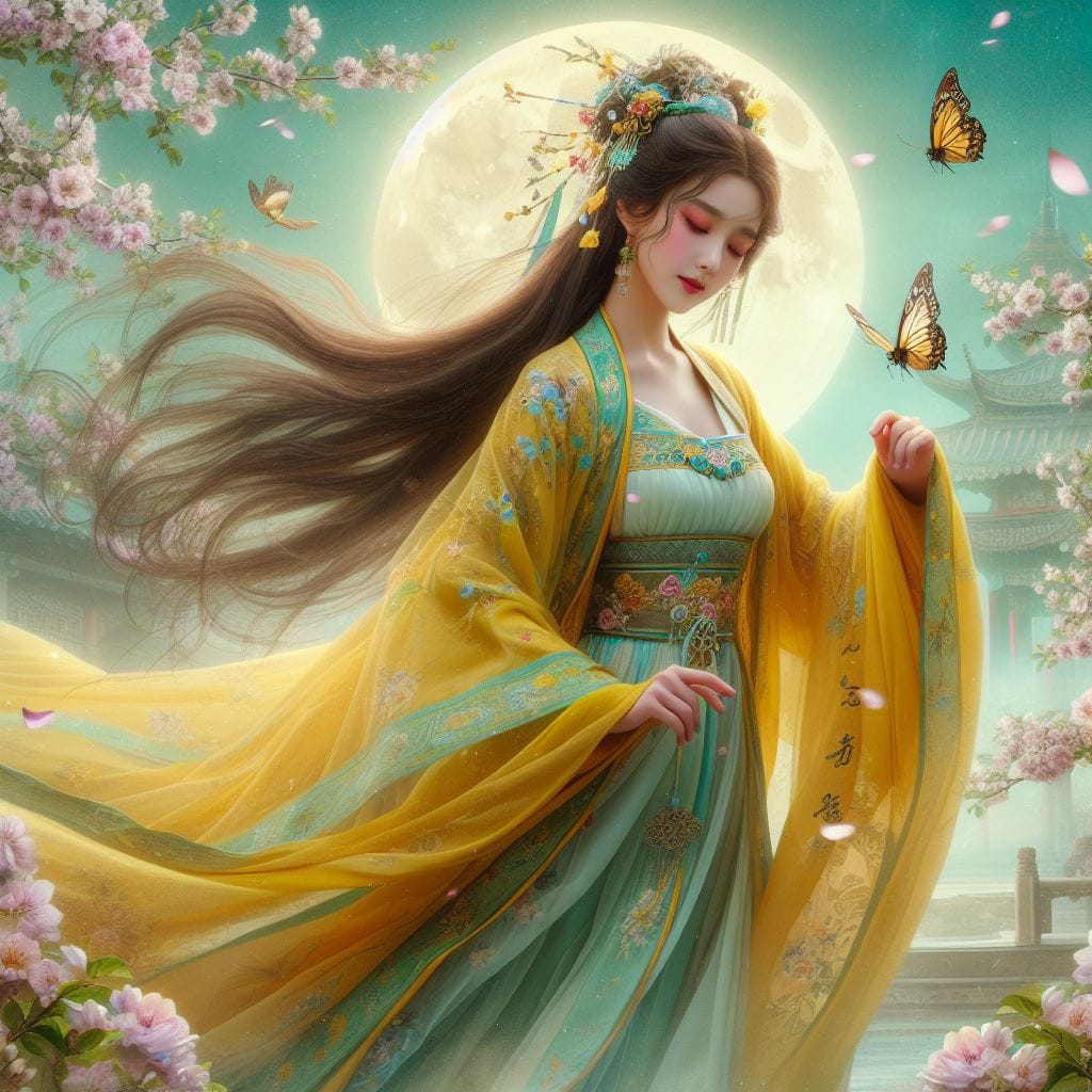 一位美麗的少女穿著傳統服飾在月下翩翩起舞
