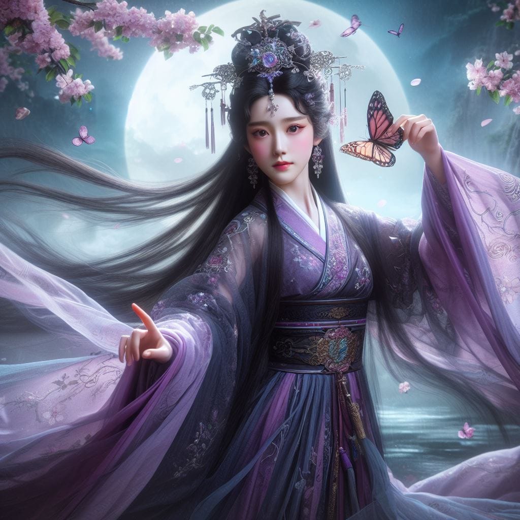 一位美麗的少女穿著傳統服飾在月下翩翩起舞
