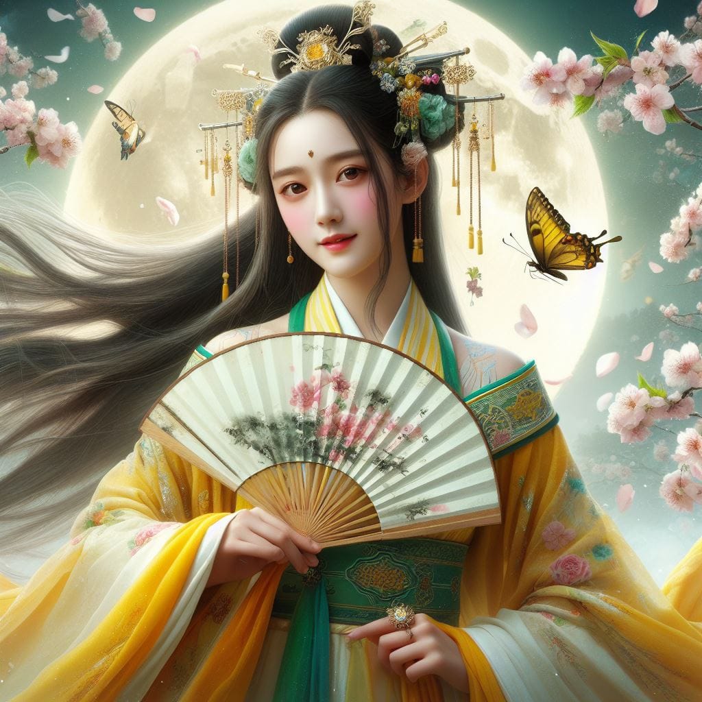 一位美麗的少女穿著傳統服飾在月下翩翩起舞
