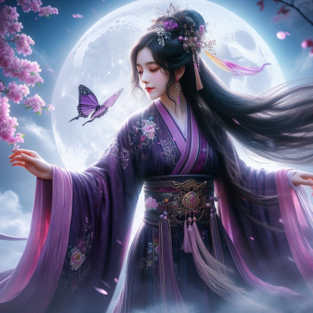 一位美麗的少女穿著傳統服飾在月下翩翩起舞