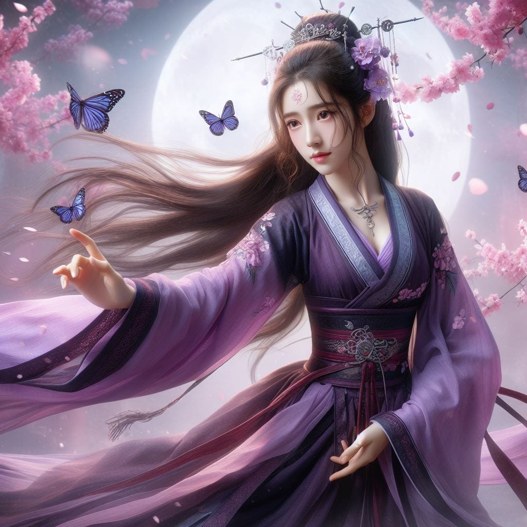 一位美麗的少女穿著傳統服飾在月下翩翩起舞