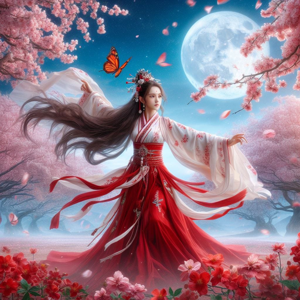 一位美麗的少女穿著傳統服飾在月下翩翩起舞