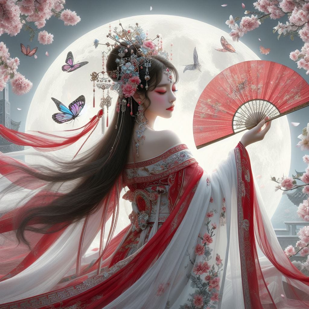 一位美麗的少女穿著傳統服飾在月下翩翩起舞