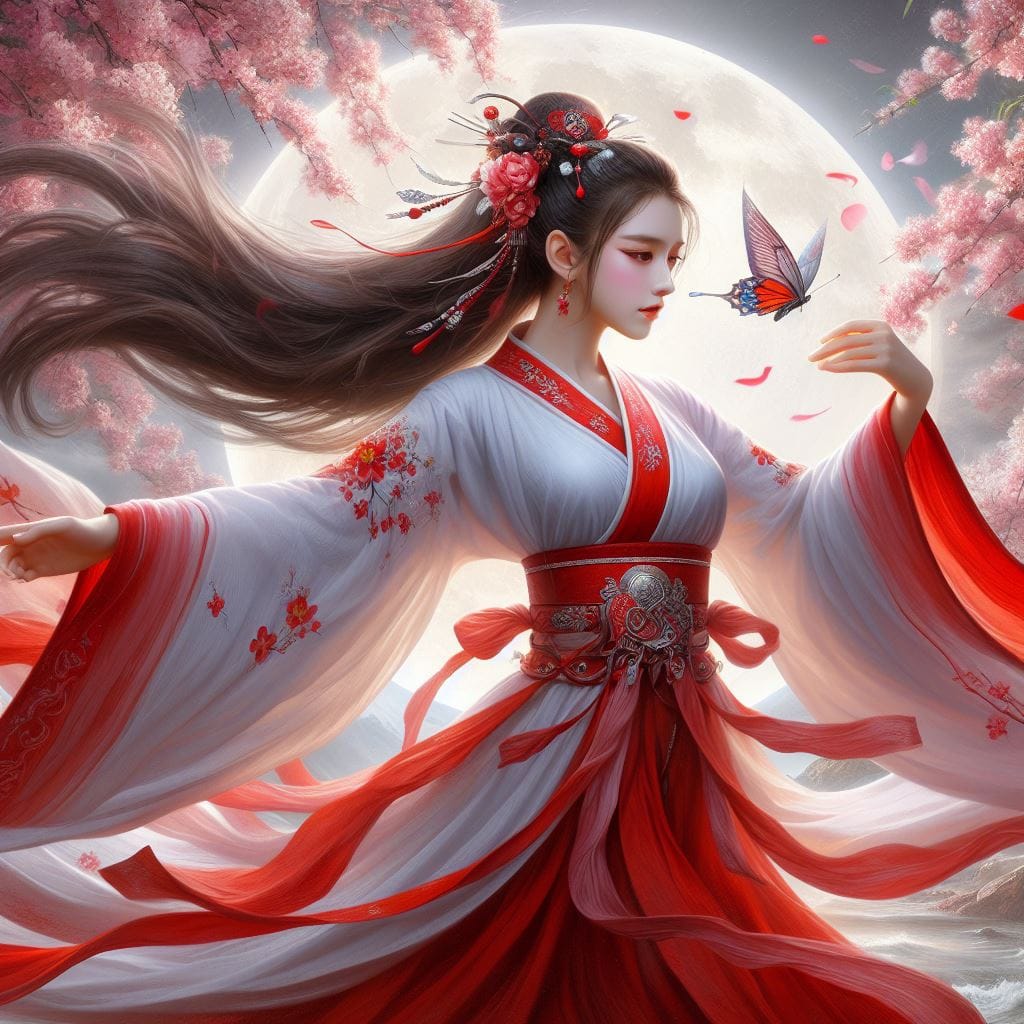 一位美麗的少女穿著傳統服飾在月下翩翩起舞