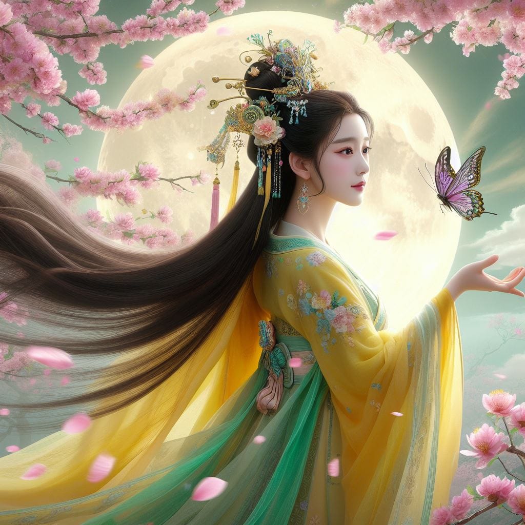一位美麗的少女穿著傳統服飾在月下翩翩起舞
