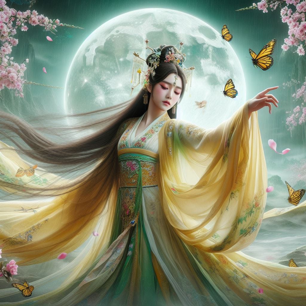 一位美麗的少女穿著傳統服飾在月下翩翩起舞