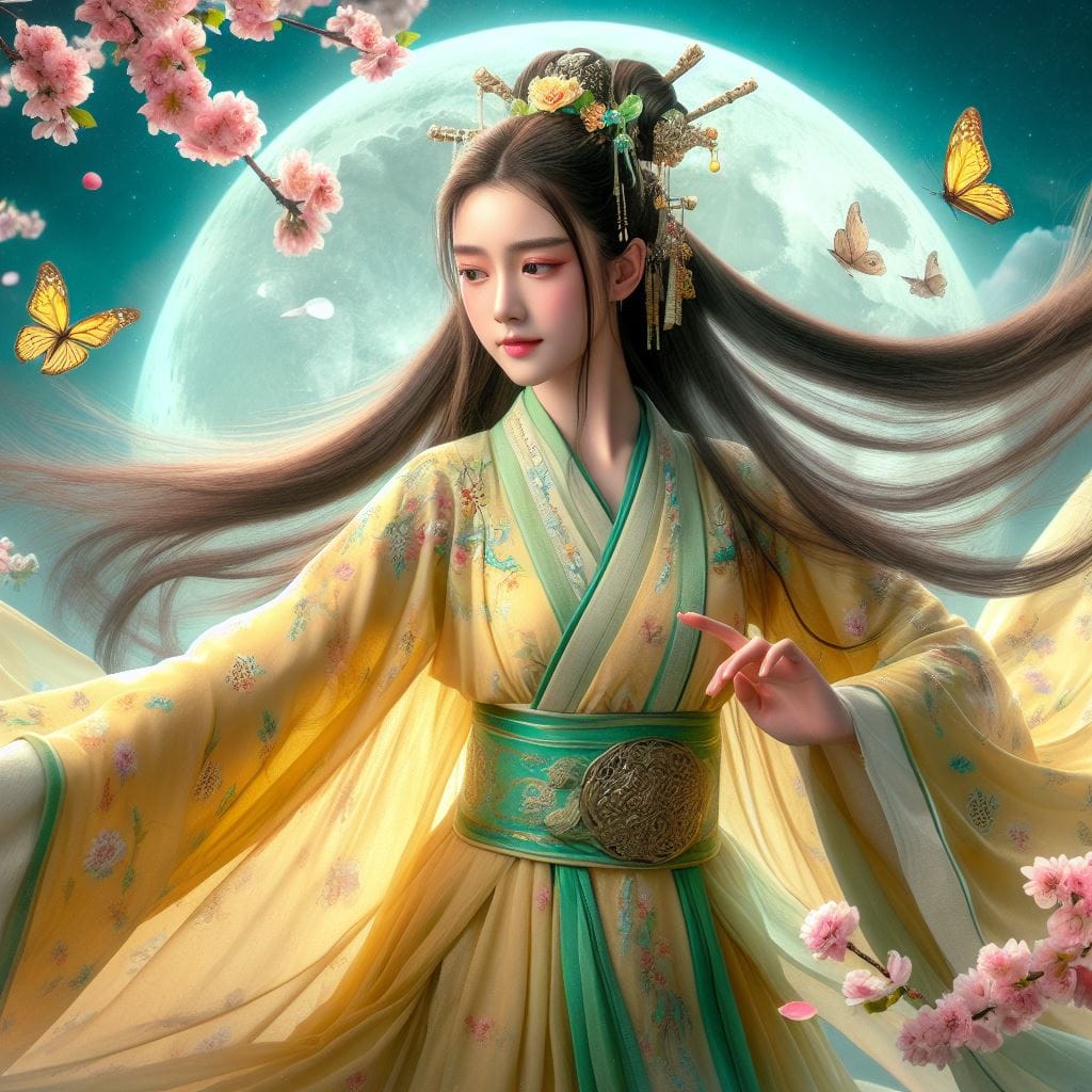 一位美麗的少女穿著傳統服飾在月下翩翩起舞