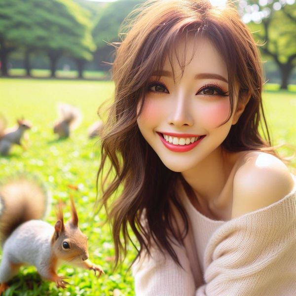 和松鼠嬉戲的美女