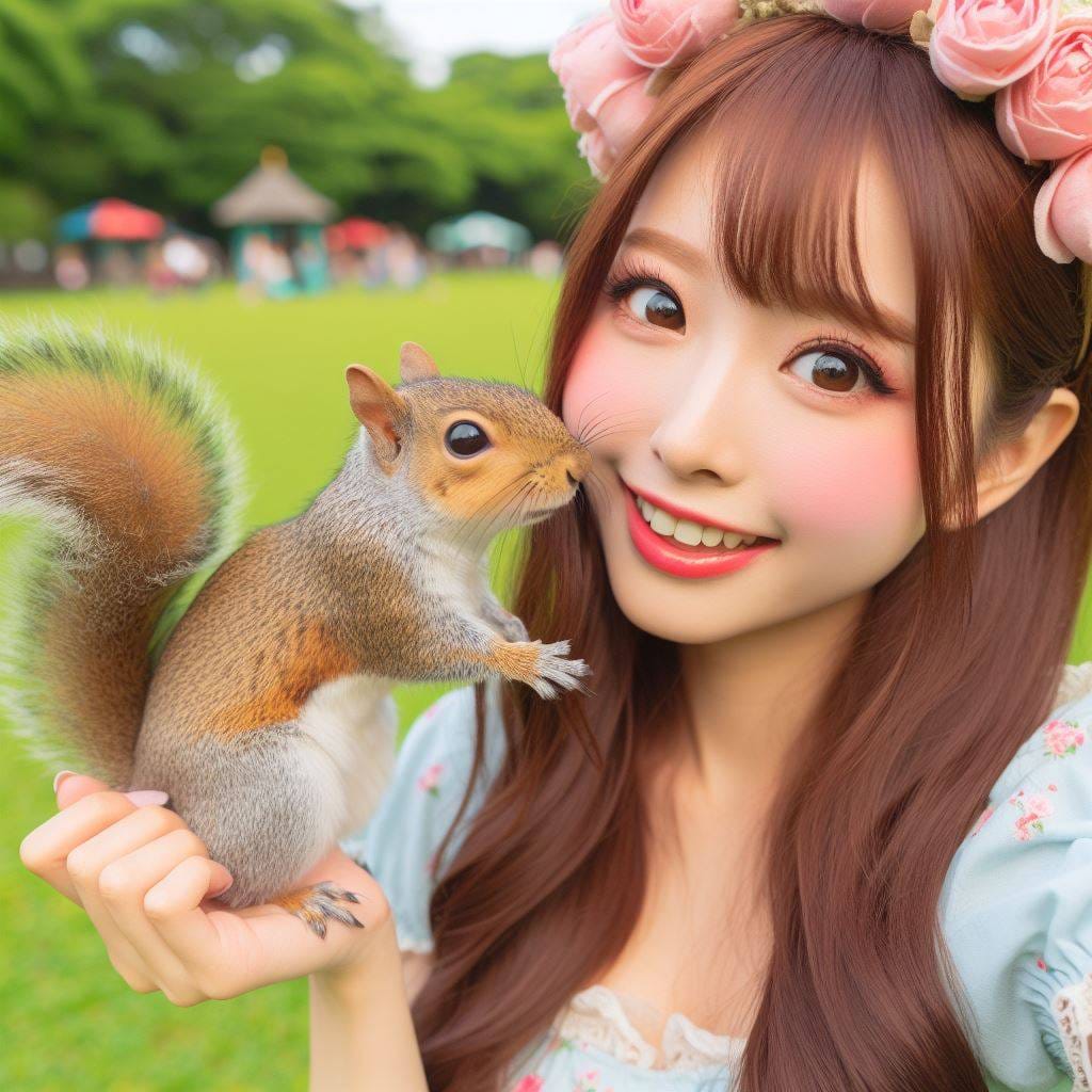 和松鼠嬉戲的美女