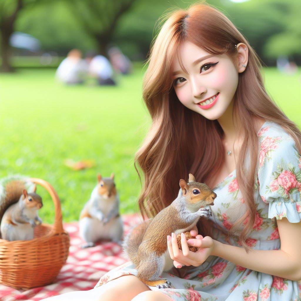 和松鼠嬉戲的美女
