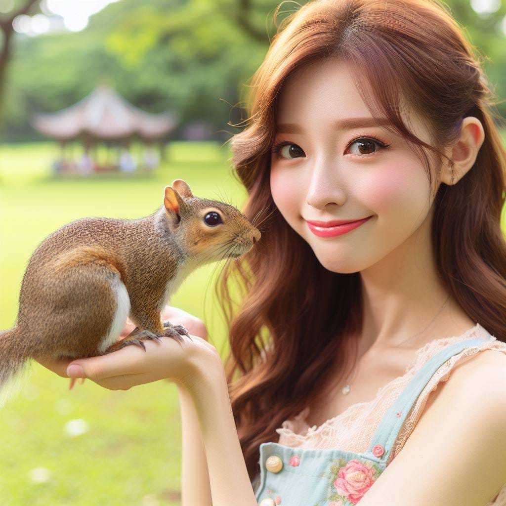 和松鼠嬉戲的美女