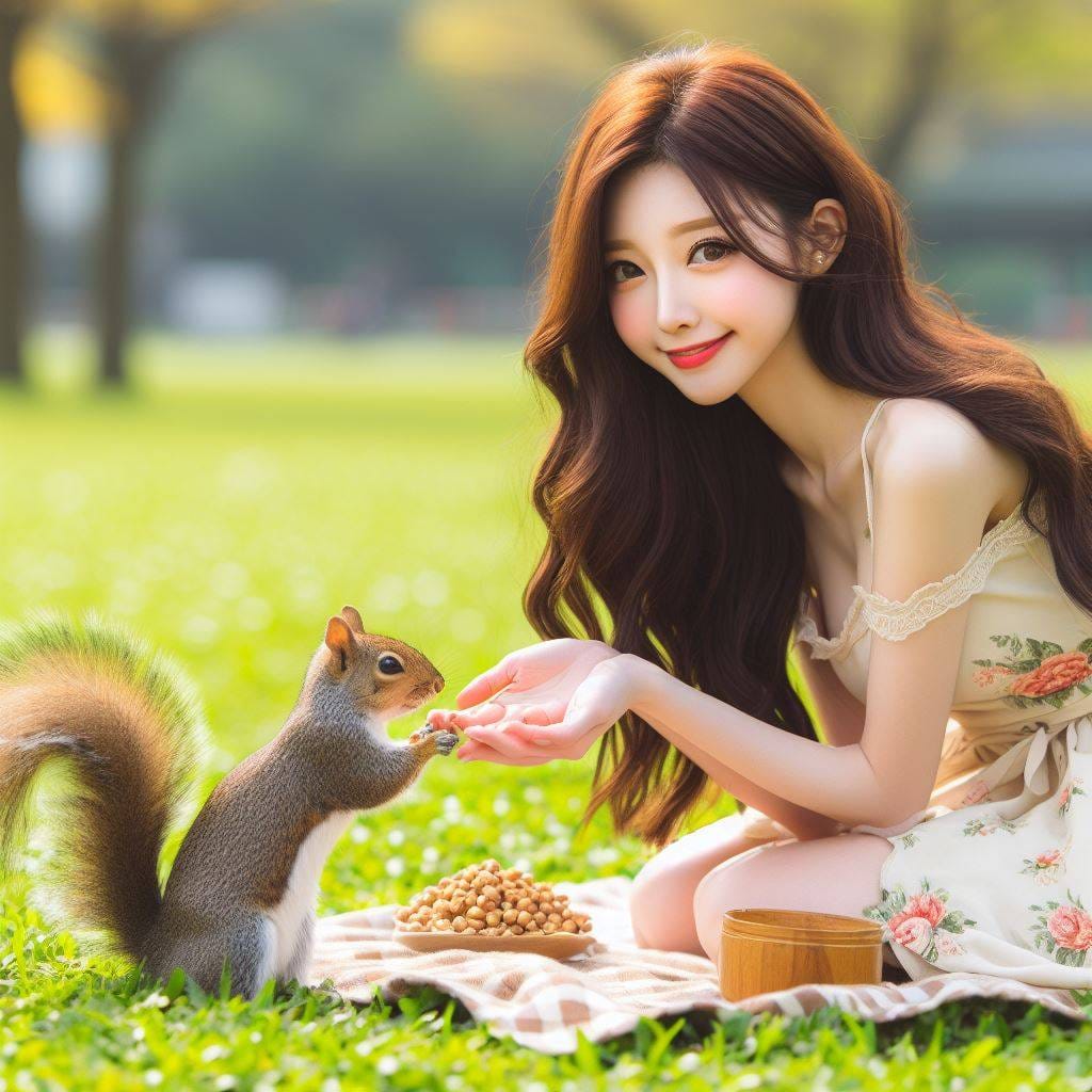 和松鼠嬉戲的美女