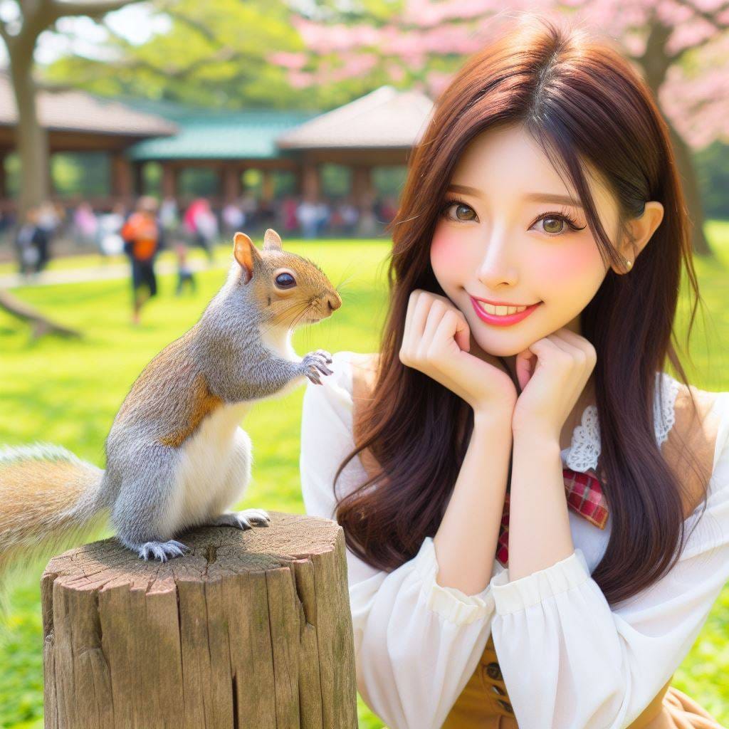和松鼠嬉戲的美女