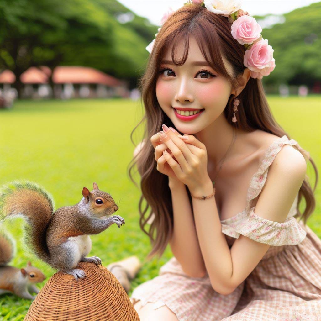 和松鼠嬉戲的美女