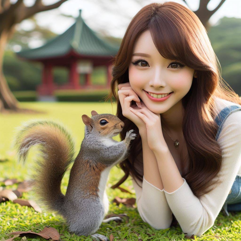 和松鼠嬉戲的美女
