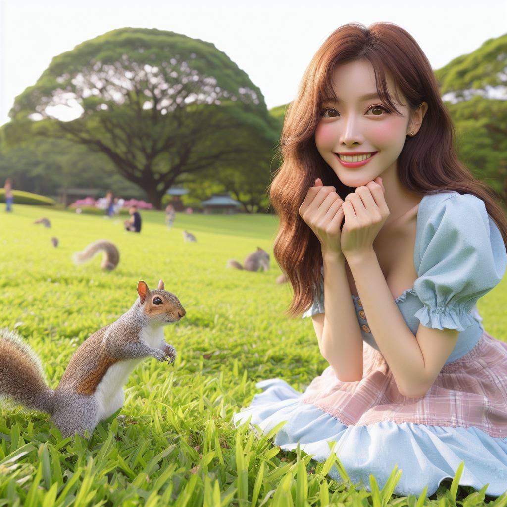 和松鼠嬉戲的美女