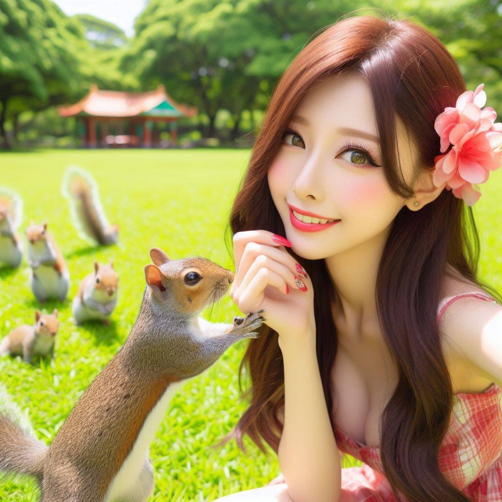 和松鼠嬉戲的美女