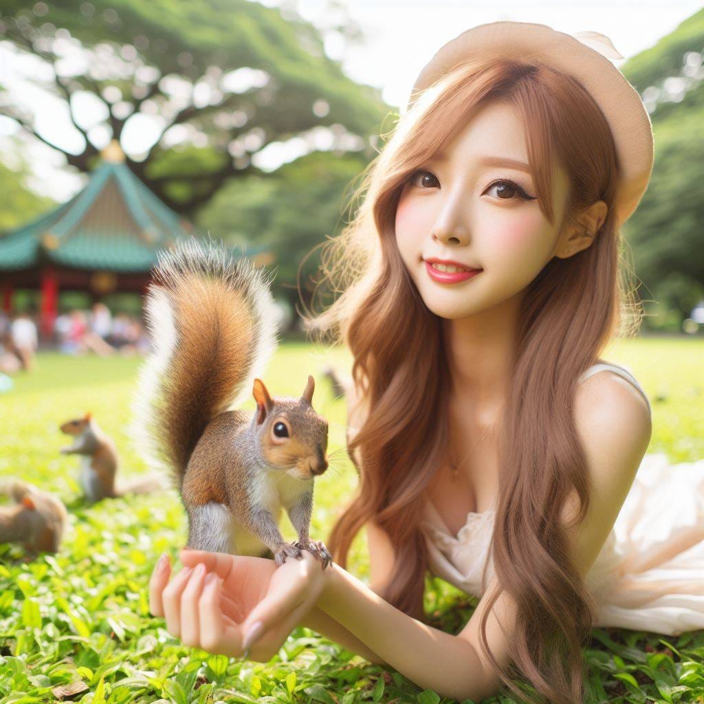 和松鼠嬉戲的美女